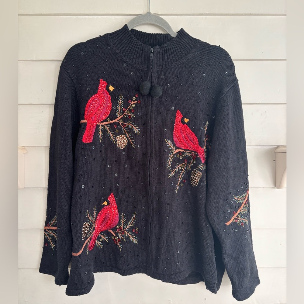 Heirloom Collectibles Christmas Collection Sequin Cardinal Zip Sweater Size 1X